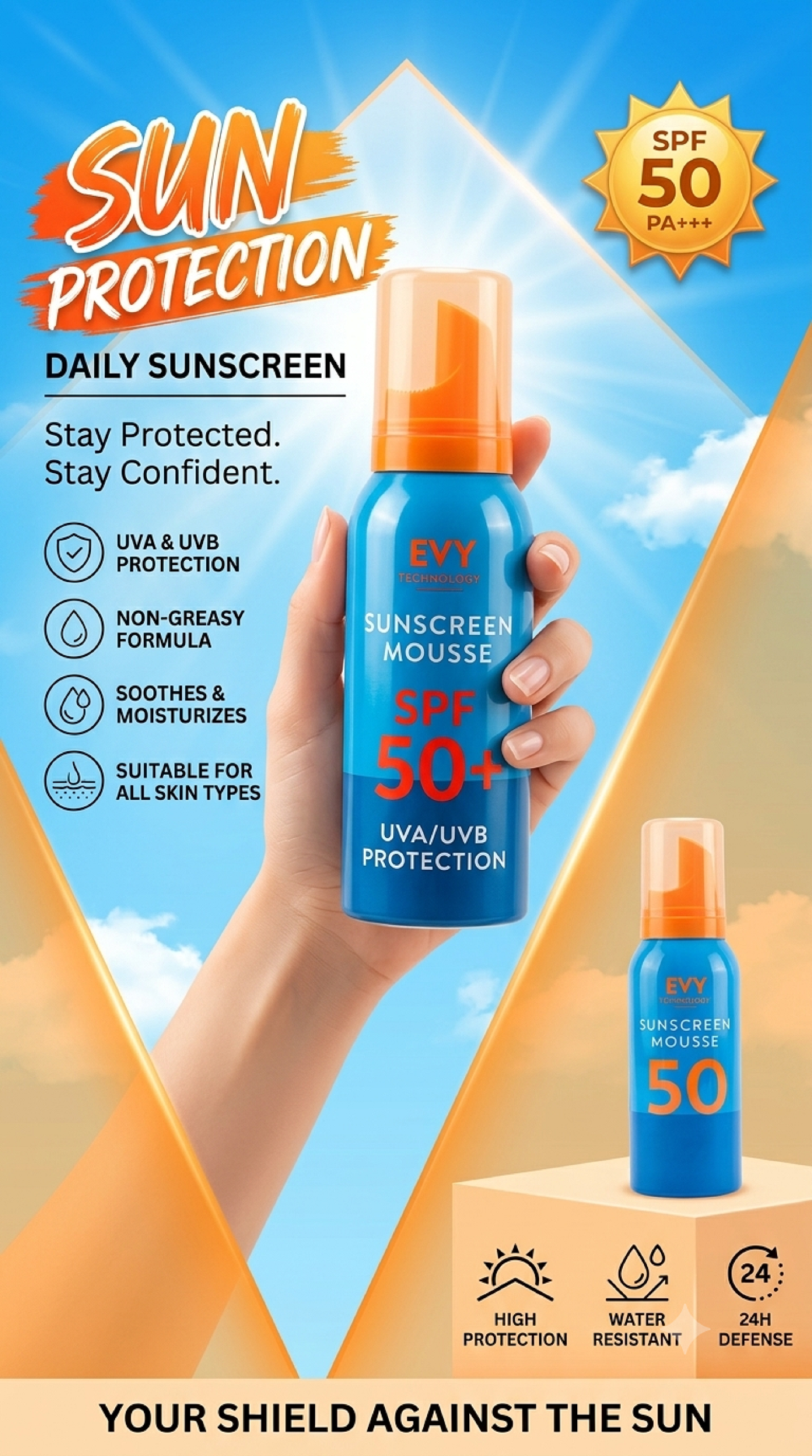 Evy Sunscreen Mousse SPF 50 — 100ML of all-day, sweat-proof, grease-free protection: