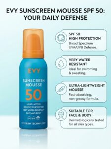 Evy Sunscreen Mousse SPF 50 — 100ML of all-day, sweat-proof, grease-free protection: