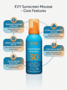 Evy Sunscreen Mousse SPF 30 — 150ML of all-day, sweat-proof, grease-free protection